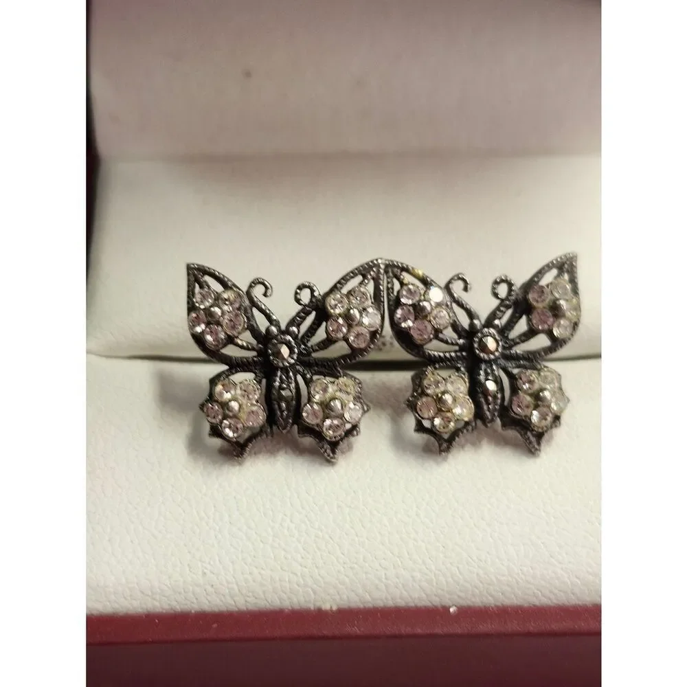 Vintage Sterling Silver Crystal Rhinestone Butterfly Earrings 925